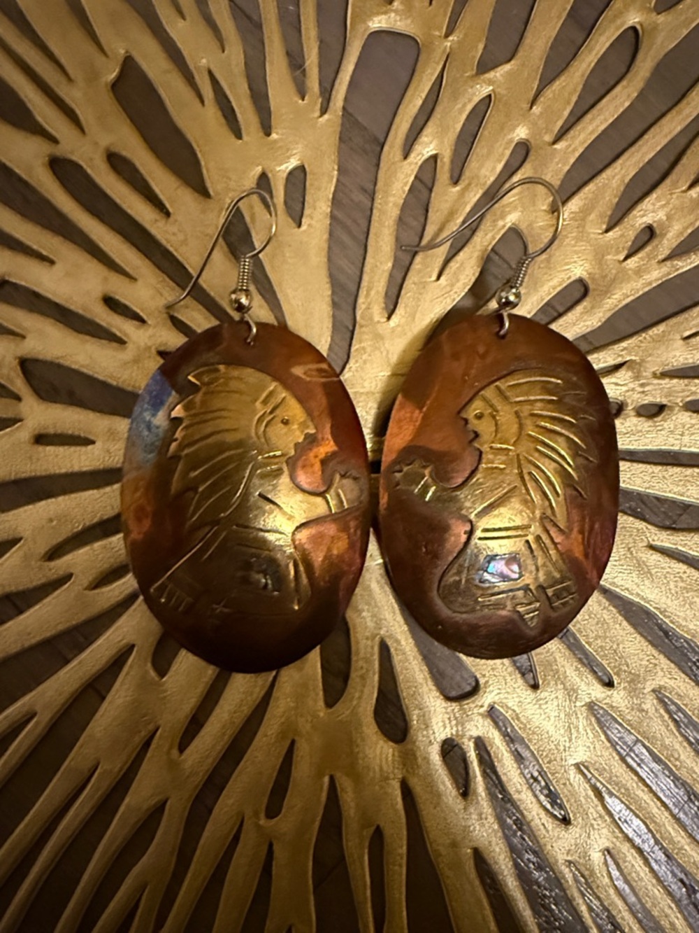 Handcrafted Mexican Copper and Brass Earrings with Abalone Inlay - Picture 3 of 9